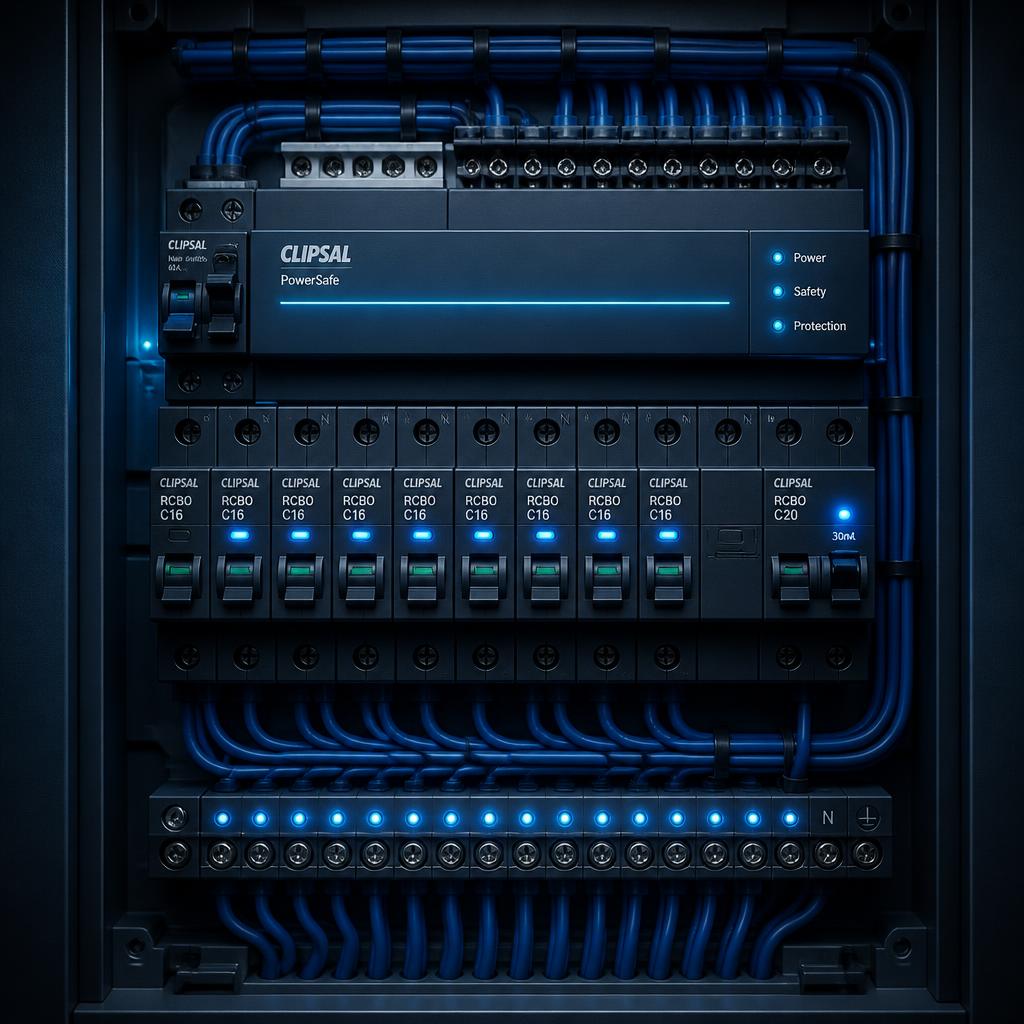 Modern residential switchboard with neatly dressed blue cabling and glowing status indicators.